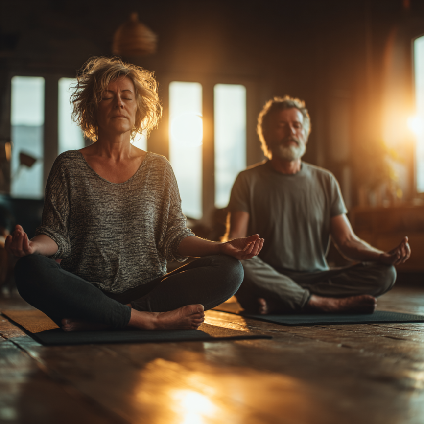 Група людей зрілого віку практикує йогу разом